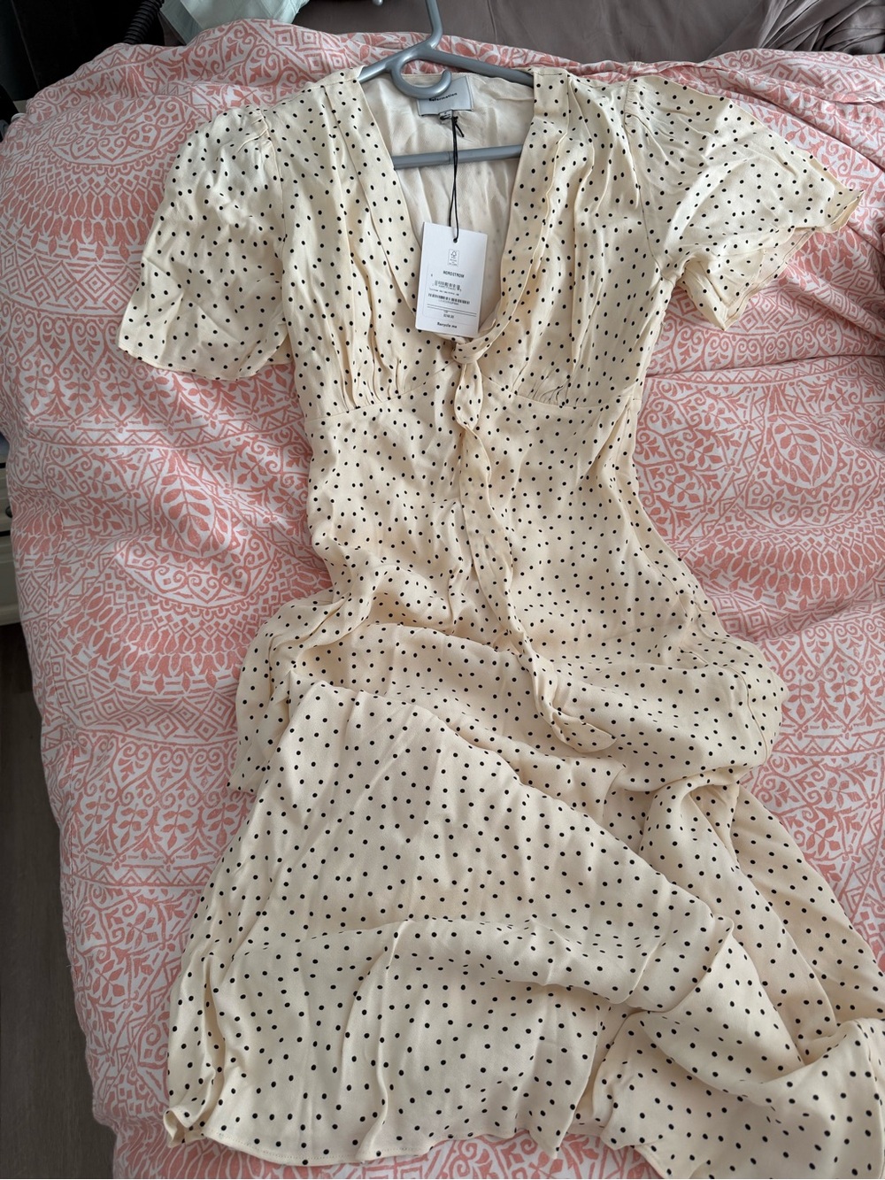 Reformation Cream Polka Dot Midi Dress with Puff Sleeves